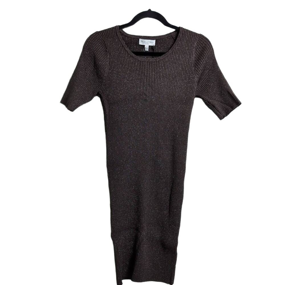 NWT Michael Stars Mae Scoop Neck Dress Chestnut Shimmer Rib Elbow Sleeve LP